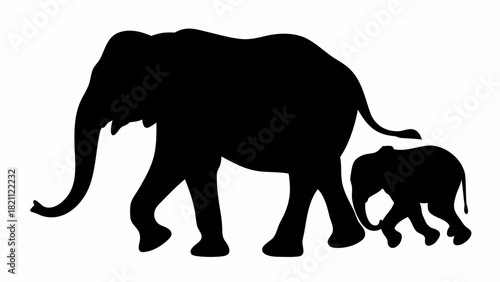 Elegant black silhouette of a mother elephant walking alongside her baby, a timeless symbol of family love and protection, perfect for branding