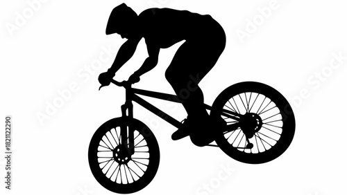 Dynamic silhouette of a mountain biker performing stunts, perfect for extreme sports branding and adventure themes, originally created as scalable vector art