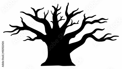 Spooky tree silhouette design element perfect for Halloween themes, eerie landscapes, and autumnal backgrounds with its bare branches and stark form