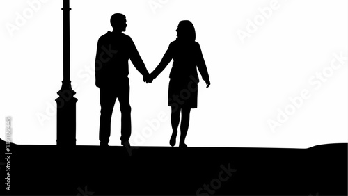 Romantic silhouette of a couple holding hands walking together, conveying love and connection in a timeless design, perfect for relationship themes