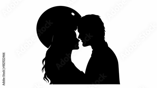 Romantic silhouette of a couple gazing into each other's eyes under the moonlight, perfect for wedding invitations and Valentine's Day designs, love's embrace