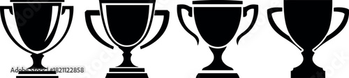 Trophy award silhouettes set, pack of vector silhouette design, isolated transparent background. Fast first place, contest winner, number one creative symbol concept. Champions Cup flat icon sign