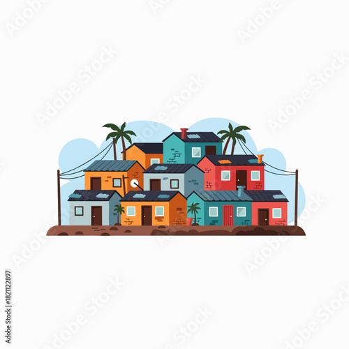 Colorful cluster of houses on a hillside with palm trees and power lines