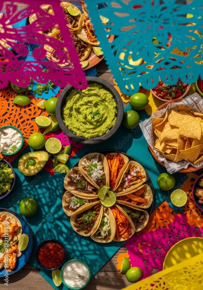 Fototapeta premium Overhead view of a vibrant Cinco de Mayo party spread with tacos, guacamole, and colorful Mexican papel picado decorations for celebration.