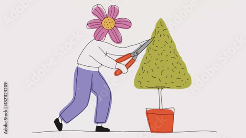 Creative banner design featuring a gardener with a vibrant blooming flower as their head symbolizing growth nature and organic beauty perfect for horticultural promotions and eco friendly brands
