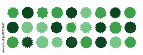 Circle sticker set green. Wavy edge promo badges collection. Star burst shape tags for price discount. Blank sale stickers silhouette. Vintage label symbols. Graphic illustration icons isolated.