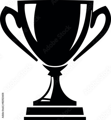 Black trophy, winner cup, goblet with handles on a wooden stand. Flat style shiny trophy for competition, match. Sport award for first place. Vector isolated illustration