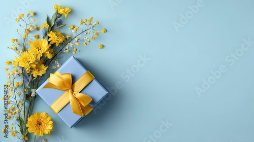 Square light blue gift box with bright yellow ribbon sits beside a bouquet of yellow blossoms on a pale blue surface