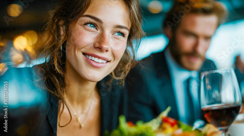 Portrait of a woman smiling softly while choosing food from a buffet during an office lunch event