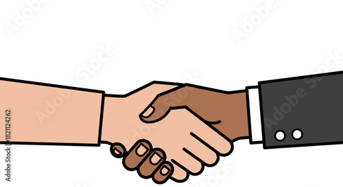 Illustration of a handshake between people of different skin tones on a transparent background with copy space