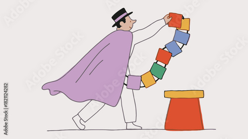 Mysterious magician in a flowing cape performing a magical act with a sense of wonder and enchantment perfect for fantasy or performance themed designs