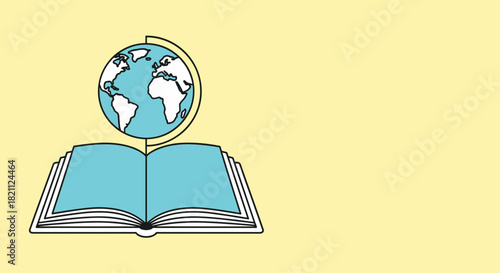 Illustration of an open book with a small globe rising above it on a pastel background with copy space