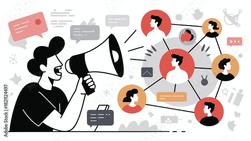 Abstract illustration of a creator speaking through a megaphone symbolizing communication and ideas