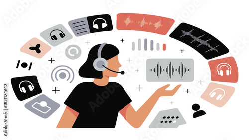 Minimalist graphic design featuring a person wearing a headset suitable for banners and advertisements with vibrant color options