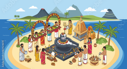 Vibrant Hindu Shiva Lingam Puja Ceremony on a Scenic Tropical Island, Featuring Traditional Devotees and Sacred Rituals Amidst Palm Trees and Ocean