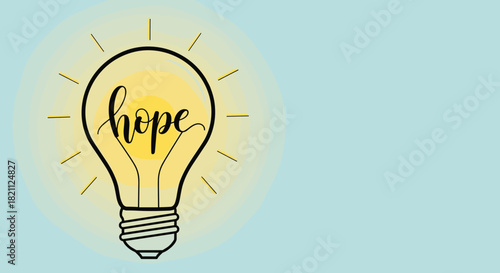 Illustration of a glowing lightbulb with the word "hope" in stylized handwriting inside on a warm pastel background with copy space