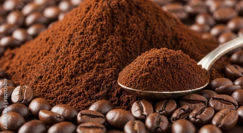 Closeup of a rich pile of freshly ground coffee powder with whole roasted coffee beans and a spoon