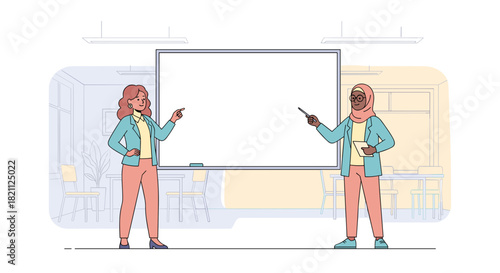 Illustration of two teacher characters in simple outline style pointing at a large blank board in a classroom setting with copy space