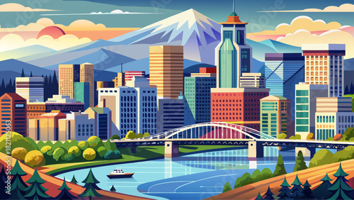 Very beautiful view of downtown Portland, Oregon, featuring modern high-rises and the iconic Broadway Bridge spanning the Willamette River under clear daylight.