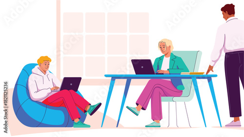 Diverse Team Working Together in Modern Office, Utilizing Laptops and Beanbags for Collaborative Project Development and Comfortable Work Environment