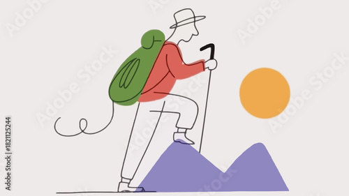 A stylized vector illustration of a lone hiker with a vibrant green backpack set against a clean background perfect for outdoor adventure and travel themes