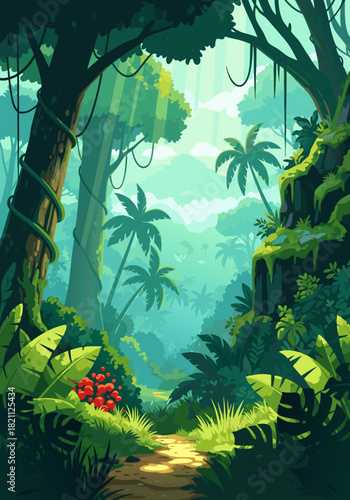 Lush tropical jungle landscape with a winding path, exotic plants, and sunbeams filtering through the canopy in a flat vector art style