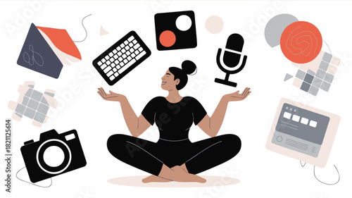 Abstract human figure in a dynamic yoga like balance pose with vibrant color accents