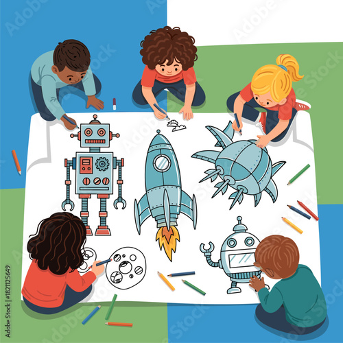 Diverse kids drawing futuristic robots and spaceships together. Creative children's art project fostering imagination and teamwork.