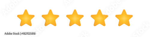 Five shiny golden stars in straight row layout, high quality rating concept, customer review score symbol, glossy vector icon with gradient, transparent background, service evaluation graphic element