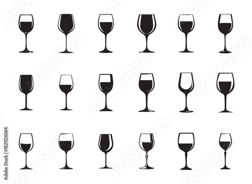 Collection of varied wine glasses, filled and empty, in a monochrome style