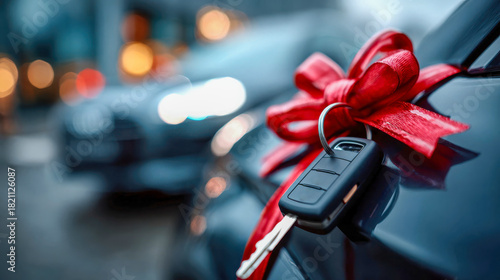 Close-up of a new car key attached to a shiny vehicle, decorated with a bright red gift bow for a celebration or special occasion