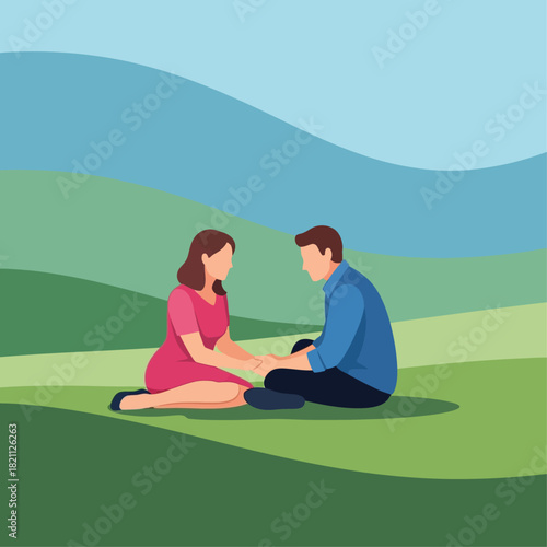 Couple sitting holding hands on green hillside vector art