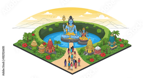 Isometric illustration of Hindu pilgrims visiting the sacred lake temple of Lord Shiva and Goddess Parvati