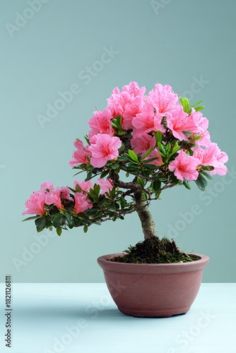 Wallpaper Mural Pink azalea bonsai in clay pot against soft blue background Torontodigital.ca