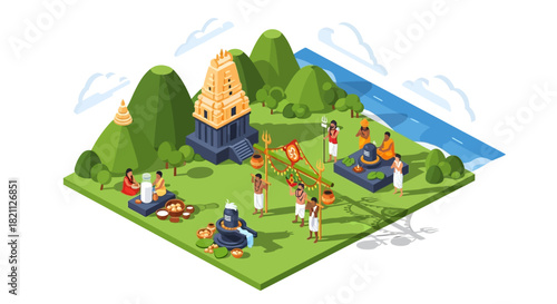 Vibrant Hindu Festival Celebration Isometric Illustration of Traditional Rituals, Sacred Offerings, and Devotees at a Mountain Temple Site