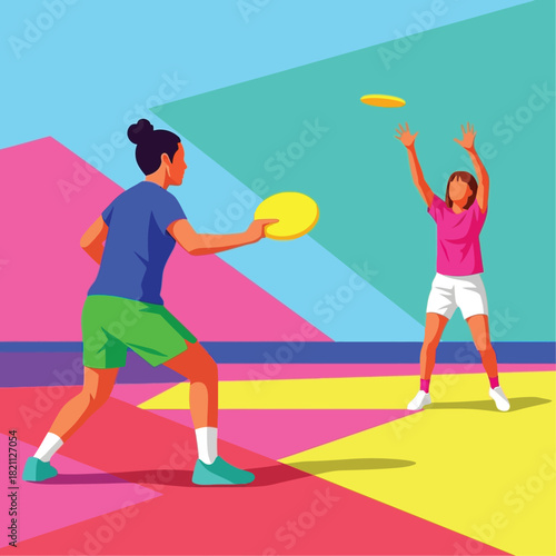 Two people playing frisbee colorful geometric abstract vector