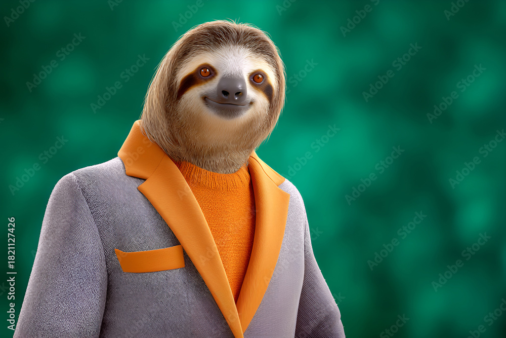 Fototapeta premium Stylish sloth in colorful blazer against vibrant green background