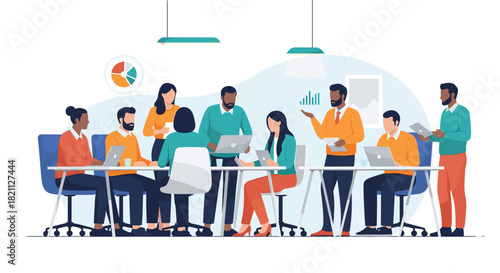 Diverse Team Collaboration: Meeting, Presentation, and Data Analysis in Modern Office Environment - Business Strategy and Success Illustration for Website and Marketing
