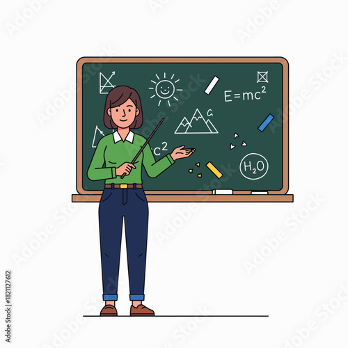 Female Teacher Explaining Physics Equation and Science Concepts on Green Chalkboard