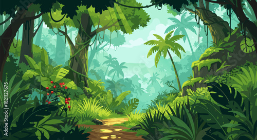 Serene jungle landscape with sun-dappled canopy and winding path, depicting a vibrant natural habitat and tranquil wilderness scene, perfect for adventure and nature themes
