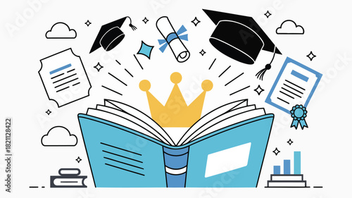 Elegant open book illustration with royal blue covers and subtle page details perfect for educational or literary themes