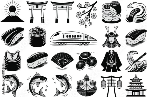  Explore the Charm of Japan with this Collection of Striking Cultural Icons including Sushi Cherry Blossoms Mount Fuji and a Bullet Train Ready for Your Creative Projects