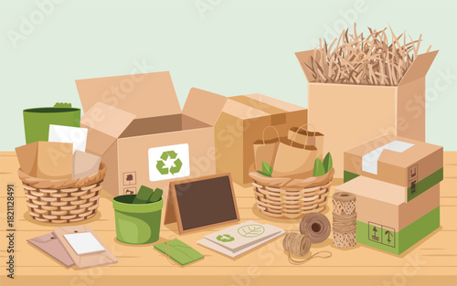 Eco-friendly packaging and shipping supplies illustration
