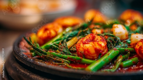 Fototapeta Naklejka Na Ścianę i Meble -  Spicy Shrimp and Asparagus Dish on Sizzling Platter with Fresh Vegetables and Aromatic Herbs in Vibrant Colors