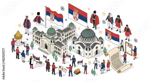 An isometric vector illustration of a patriotic Serbian gathering, featuring people with flags, national landmarks, and traditional costumes