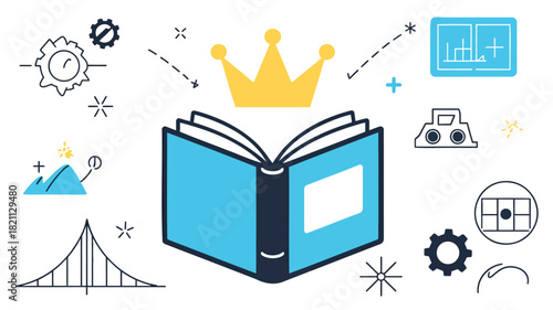 Illustrative open book with striking royal blue covers symbolizing knowledge and learning presented as a clean vector graphic