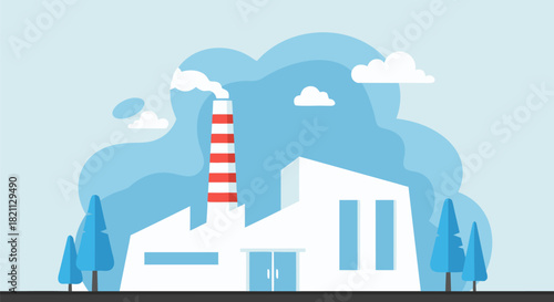 Modern industrial plant with a striped chimney used for manufacturing and energy production, a conceptual illustration for industry and technology f.eps