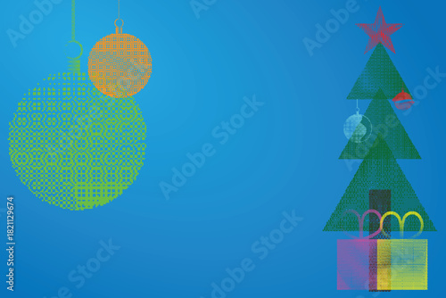 Minimalist Christmas vector illustration with tree, ornaments and gift boxes in dither style.
