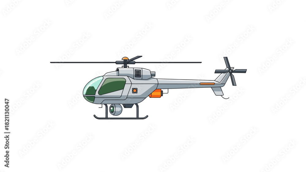 Fototapeta premium A pixelated illustration of a light gray helicopter with a clear canopy and orange accents