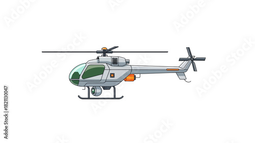 A pixelated illustration of a light gray helicopter with a clear canopy and orange accents